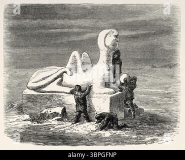 Nachbildung einer Schneesphinx, Grönland. Zweite deutsche Nordpolexpedition der Schiffe La Germania und La Hansa 1869-1870 durch Kapitän Paul Friedrich August Hegemann (1836–1913) Le Tour du Monde 1874 Stockfoto