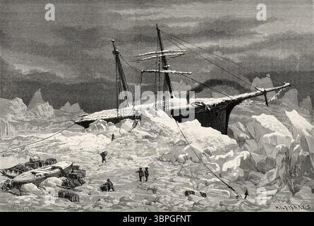 Das deutsche Schiff La Hansa wurde im Eis gefangen, Grönland. Entwurf von Jean Pierre Moynet (1819–1876) zweite deutsche Nordpolexpedition der Schiffe La Germania und La Hansa 1869-1870 von Kapitän Paul Friedrich August Hegemann (1836–1913) Le Tour du Monde 1874 Stockfoto