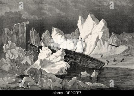 Die Überreste der Hansa, die vom Eis zerquetscht wurde. Grönland. Entwurf von Jean Pierre Moynet (1819–1876) zweite deutsche Nordpolexpedition der Schiffe La Germania und La Hansa 1869-1870 von Kapitän Paul Friedrich August Hegemann (1836–1913) Le Tour du Monde 1874 Stockfoto