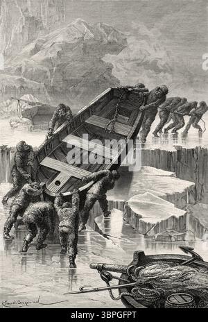 Nach der Zerstörung ihres Lagers nahm die Besatzung der Hansa ihre Boote und die rückgewonnene Ausrüstung, um ihre Expedition fortzusetzen. Grönland. Entwurf von Jean Pierre Moynet (1819–1876) zweite deutsche Nordpolexpedition der Schiffe La Germania und La Hansa 1869-1870 von Kapitän Paul Friedrich August Hegemann (1836–1913) Le Tour du Monde 1874 Stockfoto