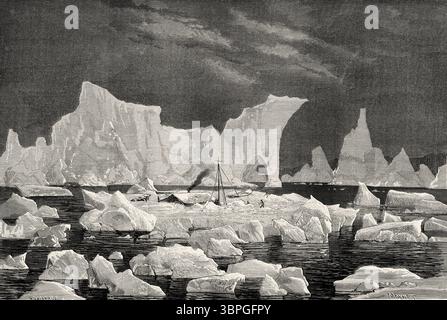 Die Besatzung der Hansa überlebte den Winter in einer Schutzhütte aus Kohlestaub-Briketts, die auf Meereis schweben. Grönland. Entwurf von Jean Pierre Moynet (1819–1876) zweite deutsche Nordpolexpedition der Schiffe La Germania und La Hansa 1869-1870 von Kapitän Paul Friedrich August Hegemann (1836–1913) Le Tour du Monde 1874 Stockfoto