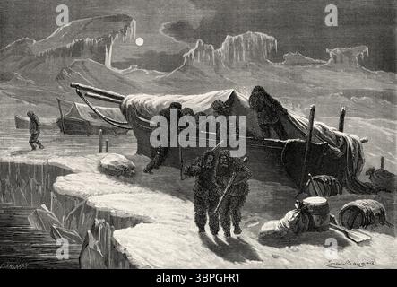 Biwak der Hansa-Crew auf einem Eisberg. Grönland. Entwurf von Emile Bayard (1837–1891) zweite deutsche Nordpolexpedition der Schiffe La Germania und La Hansa 1869-1870 von Kapitän Paul Friedrich August Hegemann (1836–1913) Le Tour du Monde 1874 Stockfoto