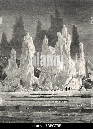 Brechungseffekte bei Eis. Grönland. Entwurf von Jean Pierre Moynet (1819–1876) zweite deutsche Nordpolexpedition der Schiffe La Germania und La Hansa 1869-1870 von Kapitän Paul Friedrich August Hegemann (1836–1913) Le Tour du Monde 1874 Stockfoto