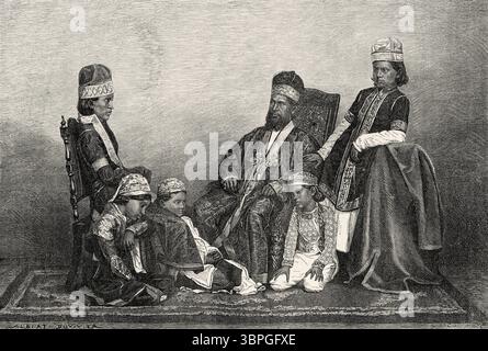Mitglieder der Mogulkönigsfamilie, Alt-Delhi. Indien. Zeichnung von A. Duvivier. Reise in Zentralindien und in die Präsidentschaften von Bombay und Bengalen, 1876 von Louis Theophile Marie Rousselet (1845–1929) Le Tour du Monde 1874 Stockfoto