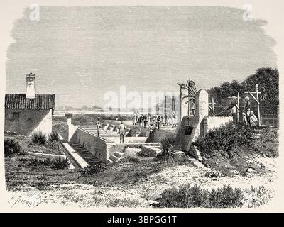 Indigo Factory, Prayagraj, ehemals Allahabad, indischer Bundesstaat Uttar Pradesh, Indien. Zeichnung von Emile Therond (182–1883) reist in Zentralindien und in die Präsidentschaften von Bombay und Bengalen, 1876 von Louis Theophile Marie Rousselet (1845–1929) Le Tour du Monde 1874 Stockfoto