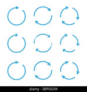 Kreisförmige Pfeilsymbole, die neu laden, aktualisieren, aktualisieren, synchronisieren, wiederholen, Rotation, Zyklus und Prozessfluss in minimaler flacher Bauweise für Schnittstelle Stock Vektor