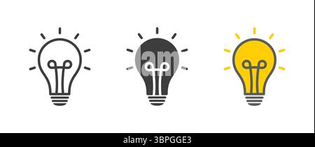 Glühlampensymbole, die Ideen, Innovation, Kreativität, Energie und Lösungen in schwarzen, grauen und gelben Variationen auf weißem Hintergrund darstellen Stock Vektor