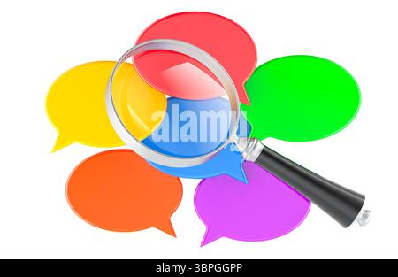 Bunte Sprechblasen mit Lupe. Suche, Kommunikationsanalyse. 3D-Rendering isoliert auf weißem Hintergrund Stockfoto