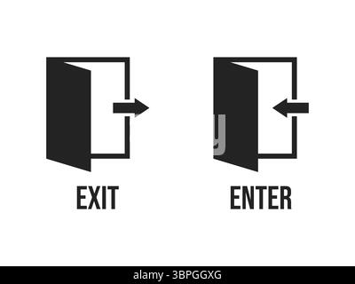 Symbole für Eingabe und Beenden mit Pfeilen, die für Anmeldung, Abmeldung, Zugriff, Richtung, Eingabe, und Ausgabe in kräftiger schwarzer Linie auf weißem Hintergrund Stock Vektor