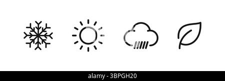 Saison- und Wettersymbole wie Schneeflocke, Sonne, Regenwolke und Blatt, die Winter, Sommer, Regen und Frühling in schwarzer Linie für das Klima darstellen Stock Vektor