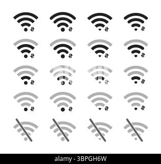 Wi-Fi-Signalsymbole für Netzwerkkonnektivität und Kommunikation mit unterschiedlicher Stärke und ohne Signal Stock Vektor
