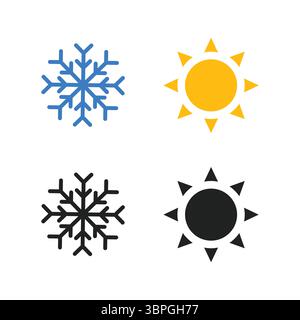 Set von Wettersymbolen mit Schneeflocke und Sonne in verschiedenen Farbschemata, die kalte und heiße Wetterbedingungen darstellen Stock Vektor