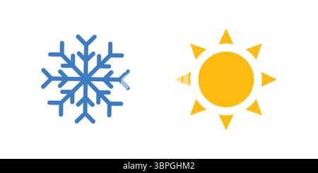 Wettersymbole mit Symbolen für kalte und heiße Temperaturen mit blauer Schneeflocke und gelber Sonne für Klima- oder saisonale Darstellung Stock Vektor