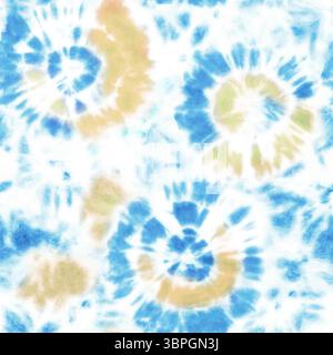 Tie Dye Shibori Nahtloses Muster. Handbemalte indigoblaue Kreise auf weißem Hintergrund. Druck für Textil, Stoff, Tapete, Geschenkpapier Stockfoto