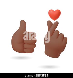 Vektor 3D Finger Herz Hand Geste Set. Koreanische Fingerherz-Illustration, die Liebe und Wertschätzung zeigt. Niedliche Handgesten für soziale Medien, K-Pop Stock Vektor