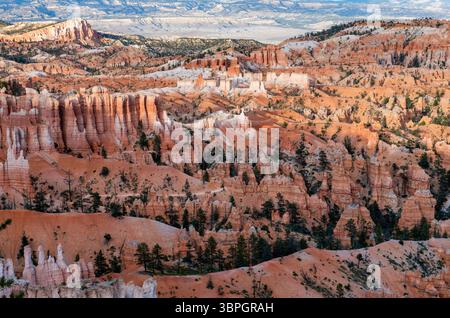 Wanderwege schlängeln sich durch eine zerklüftete Landschaft aus erodierten Hoodoo-Formationen entlang des Randes und tieferen Geländes des Bryce Canyon National Park. Stockfoto