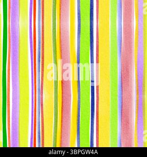 Nahtlos gestreiftes farbenfrohes Aquarellmuster mit abstrakten Linien. Ideal für Textil-, Tapeten-, Verpackungs- und Oberflächengestaltung. Handgezeichnete Textur Stockfoto