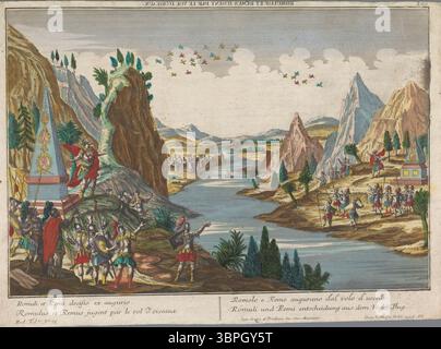 Romulus und Remus suchen in einem Vogelflug nach einem Omen. Die Anzahl der Vögel bestimmt, welcher der Zwillinge das Recht hat, eine Stadt zu gründen und ihr seinen Namen zu geben. Vintage Lithografie. 18. Jahrhundert von Georg Balthasar Probst Stockfoto