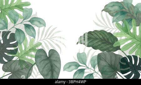 Üppiges tropisches Grün Aquarellrahmen – Monstera und Palm Leaf Botanischer Hintergrund Stockfoto