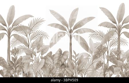 Bananenbäume und tropische Blätter in neutralen Aquarellen – monochrome botanische Dschungel-Wandkunst Stockfoto