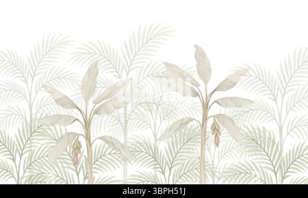 Minimales Bananenpalmen-Fototapete in hellem Beige – tropischer botanischer Hintergrund für ruhige Innenräume Stockfoto