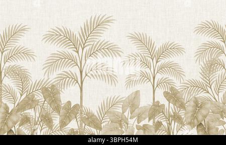 Tropisches Palmengemälde mit beigefarbenem texturiertem Leinenhintergrund – botanisches Tapetendesign Stockfoto