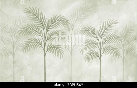 Gedämpfte grüne Palmtapete – minimalistisches tropisches Fototapete mit Dschungelpflanzen Stockfoto