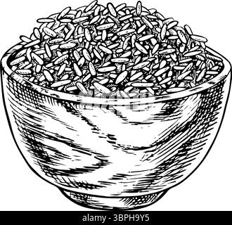 Reis oder Hafer, Weizen oder Roggen in einer Holzschale. Schwarzweiß-Grafiken, Vektorabbildungen. Designelement für Menüs, Rezepte und Kochbücher. Für Stock Vektor