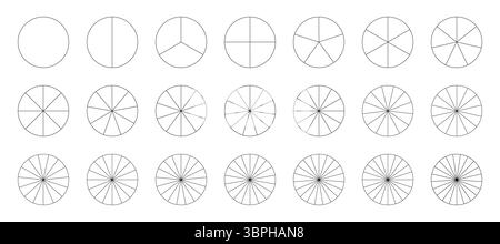 Kreisförmige segmentierte Diagramme. Tortendiagramm-Vorlage. Sektoren teilen den Kreis auf gleiche Teile. Schmale schwarze Grafiken umreißen. Set mit Pizzakarten. Segmente Stock Vektor