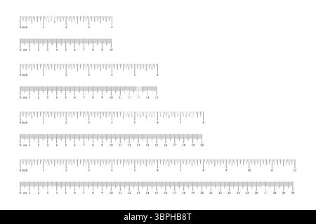 Maßstabsatz, Lineal mit 10, 15, 20, 30 Zentimeter, 4, 6, 8, 12 Zoll mit Markup und Zahlen. Messdiagramme für metrische und britische Einheiten. Abstand Stock Vektor