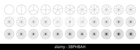 Vorlage für Torten-, Pizzakarten. Segmentierte Diagramme von 1 bis 33 Segmenten. Viele Sektoren teilen den Kreis auf gleiche Teile. Schwarze Grafiken konturieren Stock Vektor