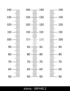 Kinder-Größendiagramm von 50 bis 140 cm Set. Vorlage für Wandwachstumsaufkleber isoliert auf weißem Hintergrund. Vertikales Lineal für die Meter-Wand oder das Wachstum Stock Vektor