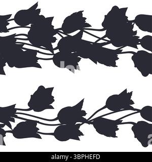 Streifenmuster mit schwarzen Tulpen-Silhouetten. Nahtloser Blumenrand mit handgezeichneten Frühlingsblumen Stock Vektor