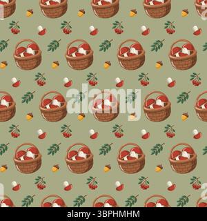 Nahtloses Herbstmuster mit Pilzen, Korb und Eicheln. Zeichentrickvektor Digitalpapier Design Stock Vektor