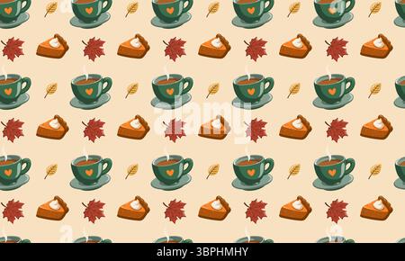 Nahtloses Herbstmuster mit Teetassen, Kürbiskuchen und bunten Herbstblättern. Zeichentrickvektor Digitalpapier Design Stock Vektor