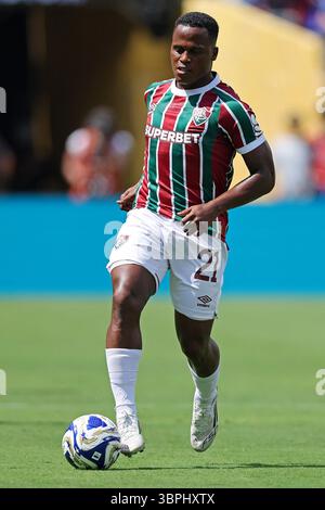 8. Juli 2025: East Ritherford, NJ, USA; Jhon Arias aus Fluminense spielt mit dem Ball während des Spiels zwischen Fluminense und Chelsea FC im Halbfinale der FIFA Club-Weltmeisterschaft 2025 im MetLife Stadium Stockfoto