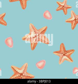 Nahtloses Muster mit verstreuten Seestern auf blauem Hintergrund in handgezeichnetem Aquarellstil. Marineblaues Sommerdesign mit Textur und hellen Farben Stockfoto