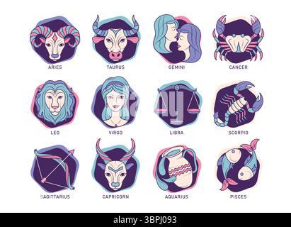 Zodiac signiert buntes Horoskop Clipart Set. Zodiac mehrfarbige Astrologie Symbol Clip Art Zeichnung von 12 Geburtsmonat Piktogramm Icon Sammlung Vektor Stock Vektor