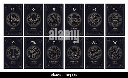 Zodiac Horoskop Karten Clipart Set. Astrologie Tierkreiszeichen Posterkarte Clip Art von astronomischen 12 Geburtsmonaten mit Rand und Rahmen Sammlung Vektor Stock Vektor