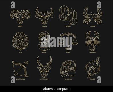 Zodiac signiert Gold Outline Clipart Set. Sammlung von Sternzeichen Horoskop goldene Zeichnung Symbol Clip Art der astrologischen Geburtsmonat glänzende Umrisse Stock Vektor