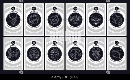 Zodiac Signs Silhouette Karten Clipart Set. Astrologisches Tierkreisposter-Clipart des Geburtsmonatssymbols in der Umrisszeichnung-Piktogrammkartensammlung Stock Vektor