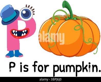 Bunte Vektor-Illustration des Buchstaben P und eines Kürbis. Skurriles Design mit leuchtenden Farben und verspielten Charakterelementen Stock Vektor