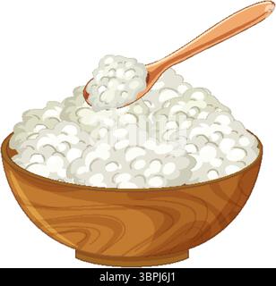 Vektor-Illustration einer hölzernen Schüssel gefüllt mit Hüttenkäse, begleitet von einem Holzlöffel. Klares, flaches Design mit weichen, neutralen Farben Stock Vektor