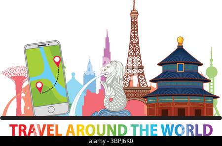 Vektor-Illustration ikonischer Wahrzeichen der Welt mit einer Smartphone-Karte. Lebendige Farben und klare Linien unterstreichen das Reisethema Stock Vektor