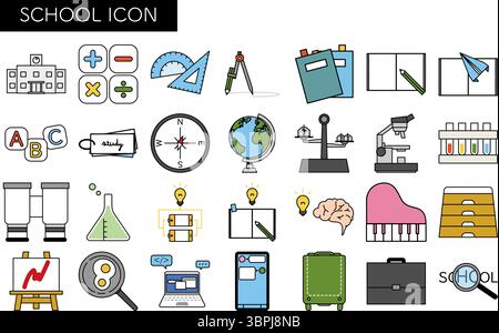 Einfache Linienzeichnung Symbolsatz von Schule und Studium, Vektorillustration Stock Vektor