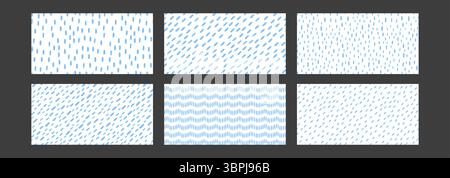Set aus einfachem Regenmuster. Blaue Tropfen auf weißem Hintergrund. Illustration Regenfälle. Gestrichelte vertikale Linien. Vektorabbildung Stock Vektor