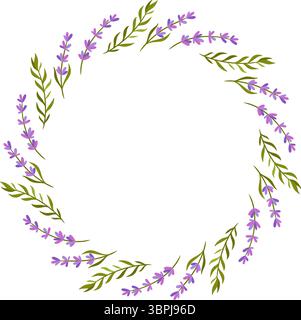 Zarter und eleganter Kranz mit Lavendel, Zweigen, sanften Violett- und Rosa-Tönen, perfekt für Botanik-, Spa-, Grußkarten- oder Wellness-Designs. Stock Vektor