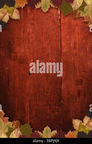 Flache Designabbildung mit rustikaler Holzdiele mit trockenem Herbstblattrand Stockfoto