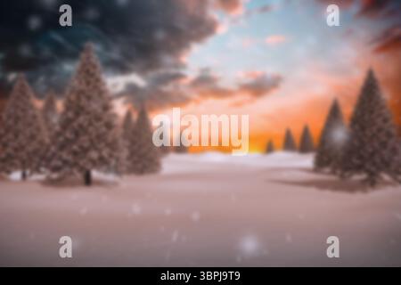 Die Winterszene mit flachem Design zeigt verschneite Kiefern mit fallenden Schneeflocken unter Sonnenuntergangswolken Stockfoto