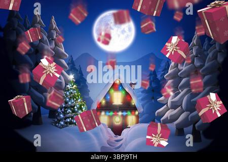 Die flache Illustration zeigt die Winternacht mit verschneiten Kabine, Weihnachtsbaum, Mond, Geschenkboxen Stockfoto